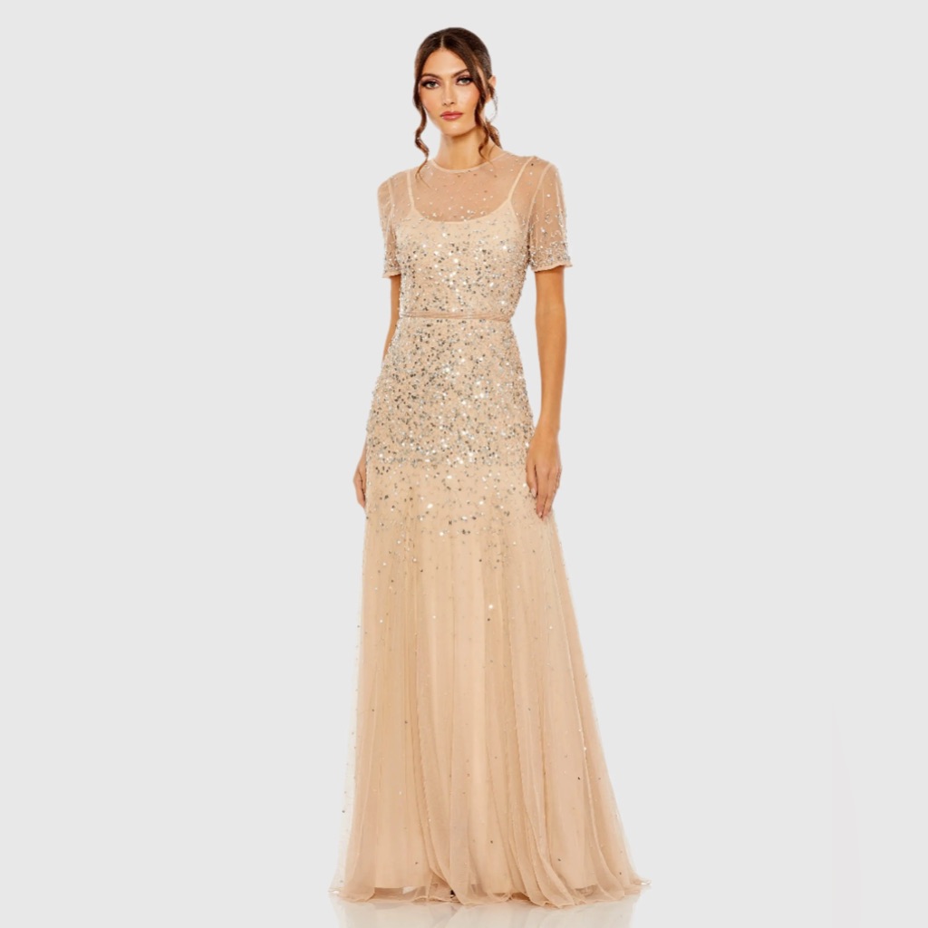 Mac Duggal High Neck Short Sleeve Sequin Embellished Gown Sz 14 Nude Silver $698